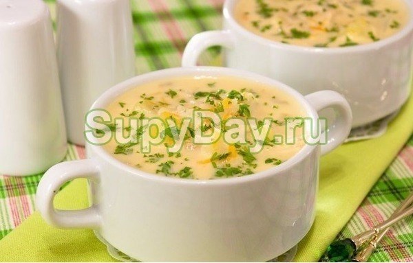 Сырный суп с копченой колбасой и зеленью
